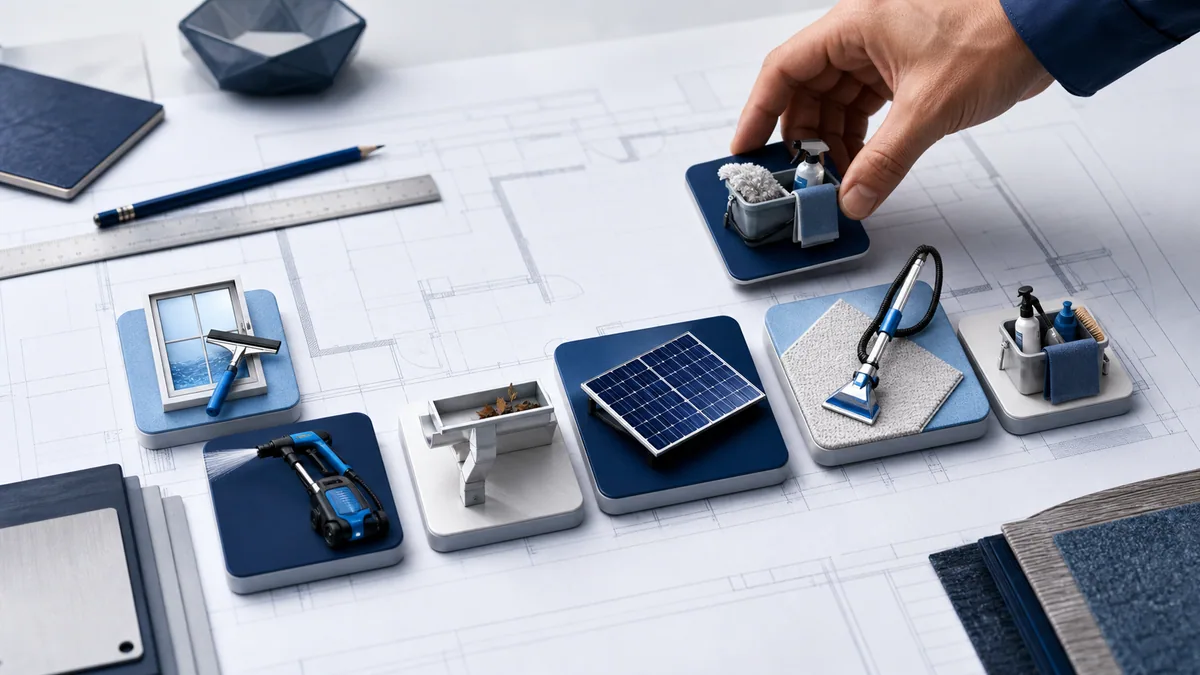 Modular cleaning services arranged into a custom property-care package